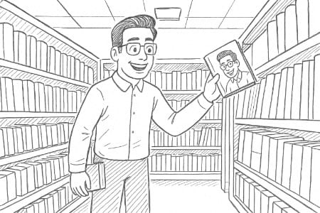 Comic: Oliver Schumacher zieht aus einem großen Bücherregal ein von ihm geschriebenes Buch.