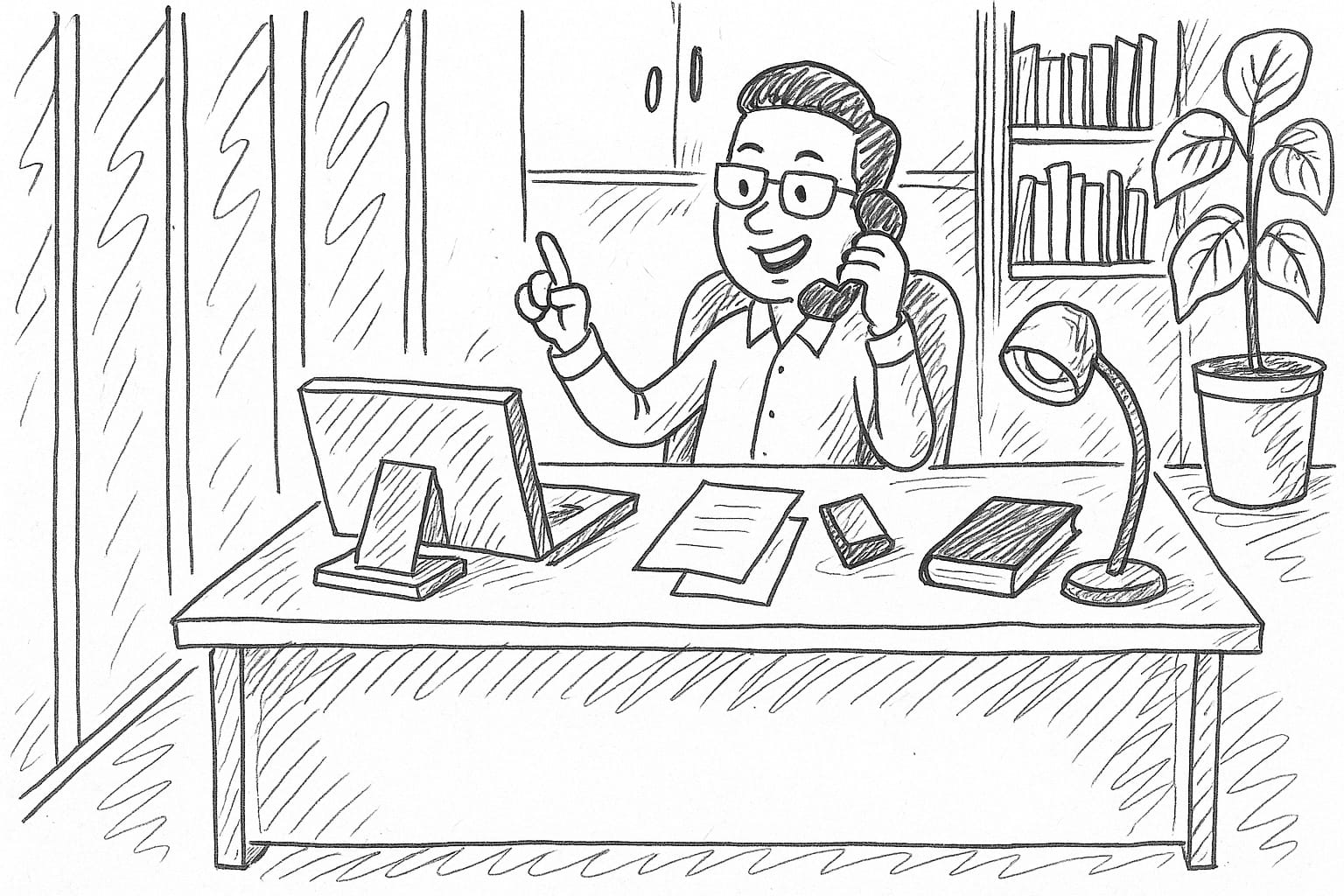 Comic: Oliver Schumacher in seinem Büro am Telefon.